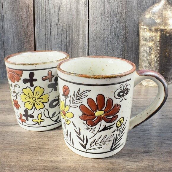 Vintage Otagiri Ceramic Stoneware Coffee Mug Cup Set 2 Speckled Floral Pattern - Picture 1 of 14